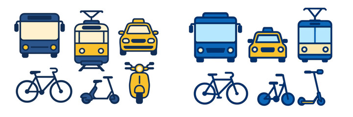 Collection of stylized urban transportation icons including buses, trams, taxis, bicycles, and scooters