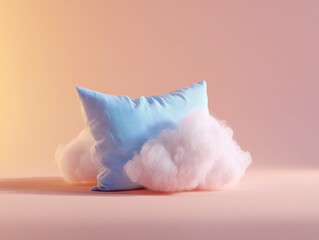 Soft blue striped pillow surrounded by fluffy clouds on a warm pastel pink background.