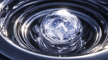 weightless. A shimmering, weightless liquid sphere floating inside a sleek, metallic spacecraft module with light reflections. product launch decks.