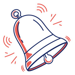 Stylized hand drawn bell ringing with sound waves and bright red accents on a clean white background