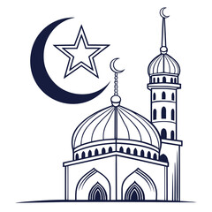 Stylized islamic mosque with crescent moon and star symbol representing faith and religious architecture in a clean line art design
