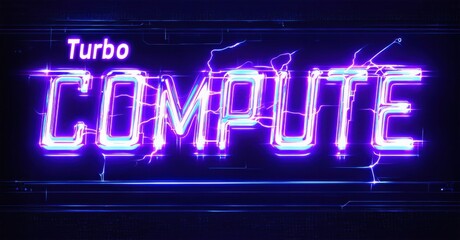 Bright neon text displays Turbo Compute. Electric arcs surround lettering. Dark background enhances vibrant purple glow, futuristic design.