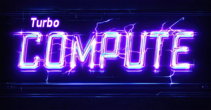 Bright neon text displays Turbo Compute. Electric arcs surround lettering. Dark background enhances vibrant purple glow, futuristic design.