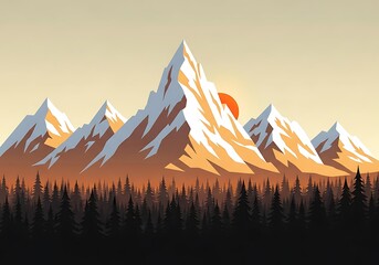 Majestic snowcapped mountain range at sunrise, with a forest of pine trees in the foreground and a warm sun