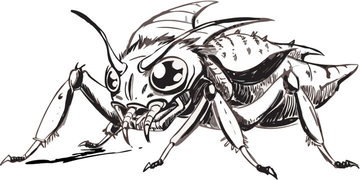 A menacing insectoid monster with large, protruding eyes and sharp fangs, rendered in a detailed, dark fantasy sketch style