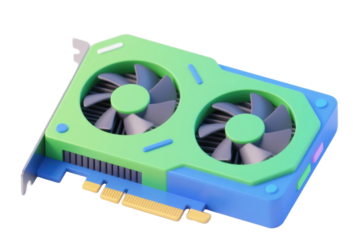 This is a 3D - rendered image of a graphics card. It has a vibrant color scheme of green and blue, featuring two large cooling fans on its surface.