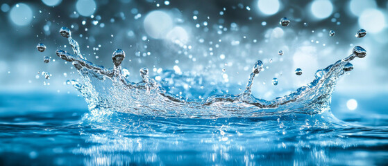 Dynamic water splashes on a blue background symbolize freshness and energy, ideal for advertising mineral water, environmental projects, sporting events, and packaging design.