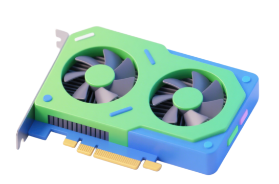 This is a 3D - rendered image of a graphics card. It has a vibrant color scheme of green and blue, featuring two large cooling fans on its surface.