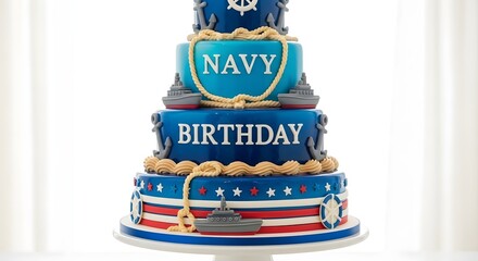 A stunning multi-tiered navy-themed birthday cake decorated with anchors, ropes, ships, stars, and patriotic colors, celebrating a special occasion.