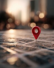 A red map pin sits on a detailed city map at sunset, with a blurred cityscape background, highlighting a specific location