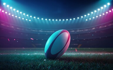 Rugby ball on a stadium field under bright stadium lights an intense game atmosphere vibrant colors create energetic environment perfect for sports imagery