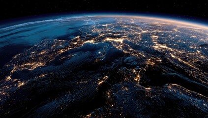 Fototapeta premium A nighttime satellite view of Europe, showcasing city lights illuminating coastlines and mountainous terrain against the backdrop of space's darkness