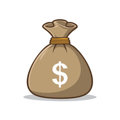 Cartoon money bag with dollar sign and drawstring closure on white background