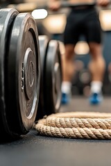 Close-Up of Weight Plates and Rope in a Gym Training Environment