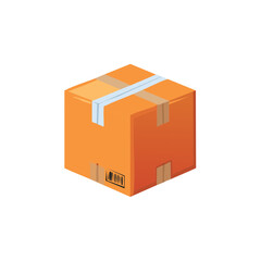 Obraz premium Orange cardboard box with tape and barcode isolated on white background, delivery concept.