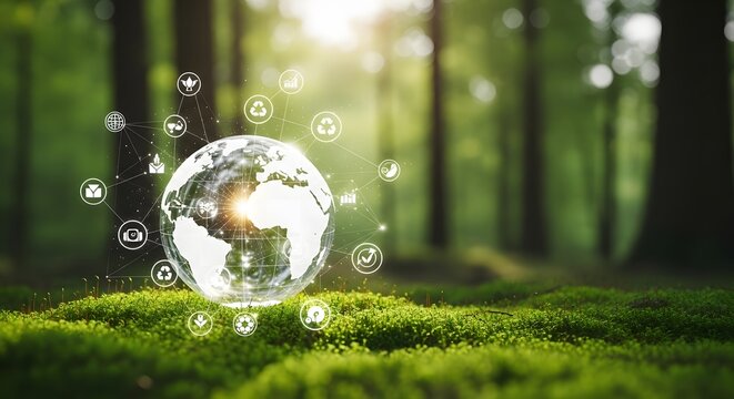 Digital earth with environmental icons in a forest, sustainable technology