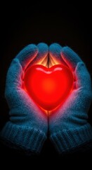 Hands in mittens hold a glowing red heart against a dark background. Love and care concept.
