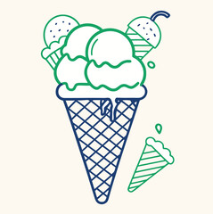 A sweet and creamy ice cream cone vector illustration with frozen pink vanilla and chocolate swirl