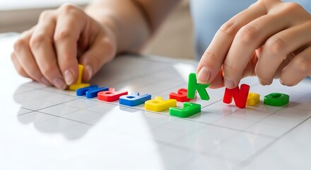 Hands Arranging Colorful Magnetic Letters, Educational Activity