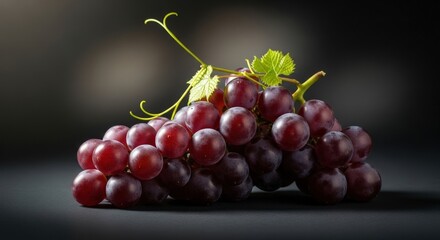 Fototapeta premium Fresh Red Grapes with Green Leaves on a Dark Background for Healthy Eating and Cooking