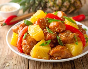 Delicious sweet and sour pork stir-fry with fresh pineapple, bell peppers, and sesame seeds served on a white plate on a rustic wooden background.