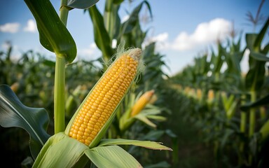 Golden Corn on the Cob Ready for Harvest in Lush Green Field with Blue Sky Summer Day Agriculture