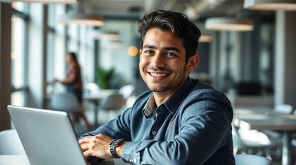 Happy confident young businessman posing at office workplace, sitting at shared table with laptop, looking at camera