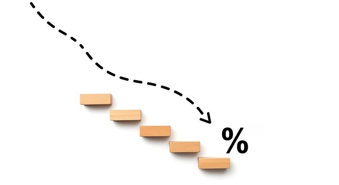 Wooden blocks arranged as steps with a dashed arrow pointing down towards a percentage sign, isolated on white background