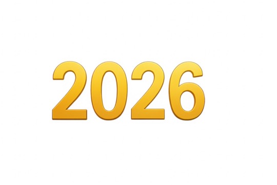 Golden 2026 sign celebrating new year on transparent background