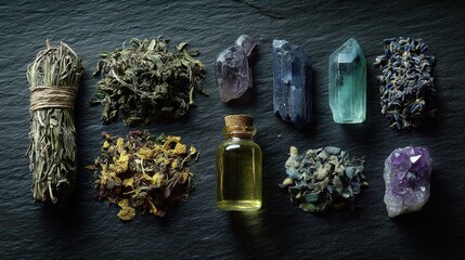 Spiritual Healing Kit with Sage Smudge Stick, Dried Herbs, Crystals, and Essential Oil on Slate.