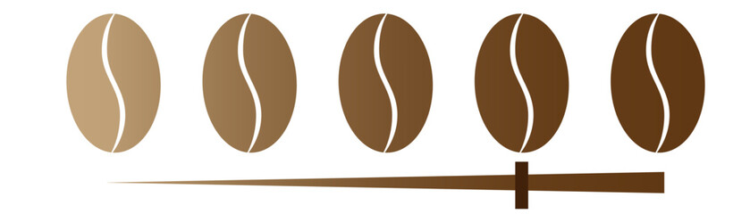 Barista coffee roasting degree infographic with bean roast level indicator strength measure powder grind symbol espresso cafe aroma different brew intensity stages brown black white illustration