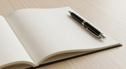 Blank notebook with pen resting on wooden table ready for notes or creative ideas