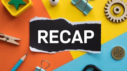 Colorful office tools showcase the recap concept on torn paper, inviting reflection and review for business planning and strategy with a modern, vibrant aesthetic