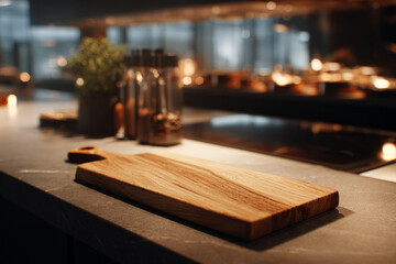 Wooden cutting board lying on a kitchen counter, blank engraving area for logo or text, warm cooking atmosphere