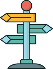 Directional signpost with multiple colorful arrows pointing in different directions.