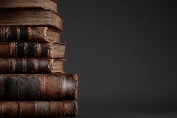 Stack of old, antique leather-bound books with weathered spines on a dark background with copy space.