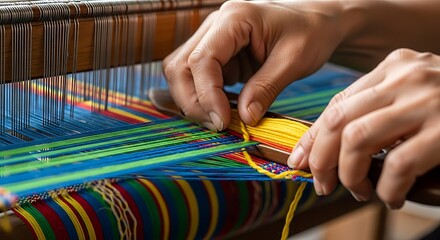 Obraz premium Vibrant Threads: Close-up of Hands Weaving a Colorful Textile on a Traditional Loom