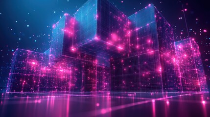 Obraz premium Abstract glowing cubes, digital technology, futuristic city background, wallpaper, graphics, design element