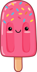 Cute Cartoon Smiling Pink Popsicle with Sprinkles Summer Dessert Illustration
