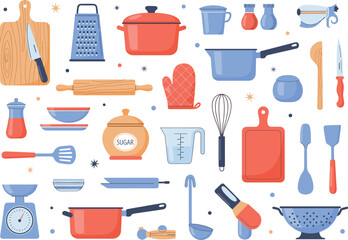 Kitchen utensils set with cooking tools, pots, pans, knife, cutting board, whisk, grater, bowls, oven mitt, colander