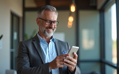 Smiling mature business man corporate leader using cellphone standing in office. Happy busy middle aged older male entrepreneur holding mobile phone tech device looking at smartphone at work.