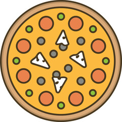 Fototapeta premium Vector icon of a whole pizza viewed from above, with a light brown crust and golden-yellow cheese base.