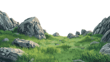 Obraz premium Serene Grassland Landscape with Grey Rocks - Digital Painting