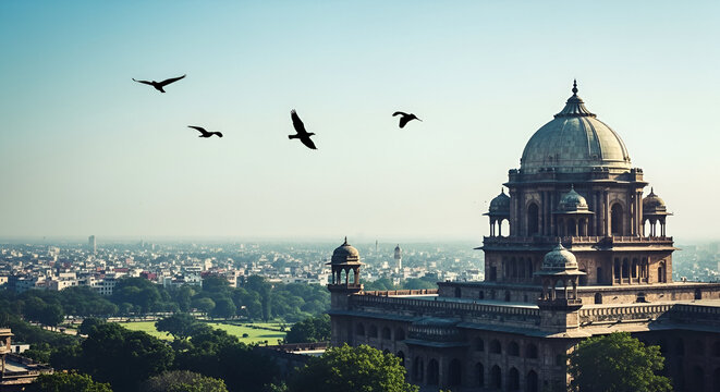 Majestic architecture meets avian freedom: A serene cityscape and soaring birds view - Powered by Adobe