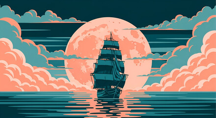 Majestic galleon sails under the light of a full moon with stylized clouds surrounding the horizon