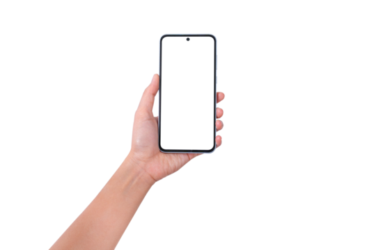 Close-up of hand showing blank smartphone screen isolated on a transparent background Suitable for technology, marketing and product placement concepts. - Powered by Adobe