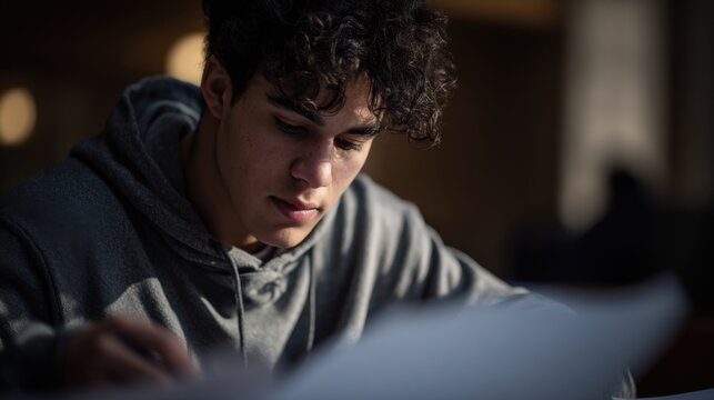 Young Hispanic man with curly hair studies documents in a dimly lit room. He wears a gray hoodie and focuses intently on his work.