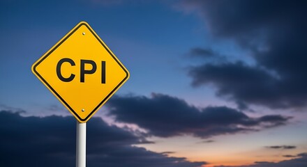 Yellow diamondshaped sign with the letters cpi in black, set against a dramatic cloudy sky at dusk