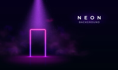 Light neon door with smoke glowing on dark, led luminous portal in fog, laser gate with sparkles and reflections