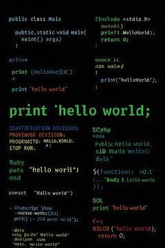 Hello World in Multiple Programming Languages Colorful Coding Syntax Background.
